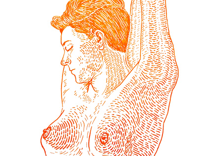 Dibujo de chica desnuda con líneas anaranjadas