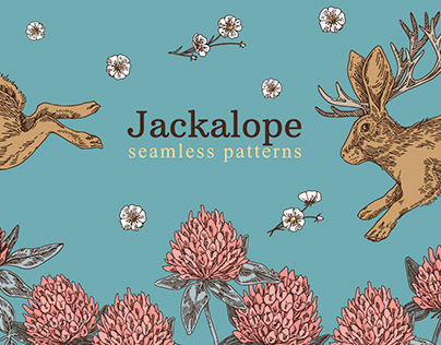 Jackalope and clower flowers. Seamless pattern.
