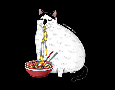 Chonky Cat Eating Ramen Noodles