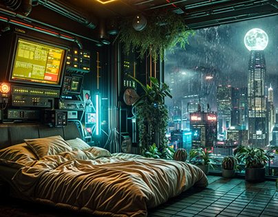 Cyberpunk bedroom with a view of a rainy city