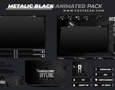 Metalic Black Animated Stream overlay pack for twitch