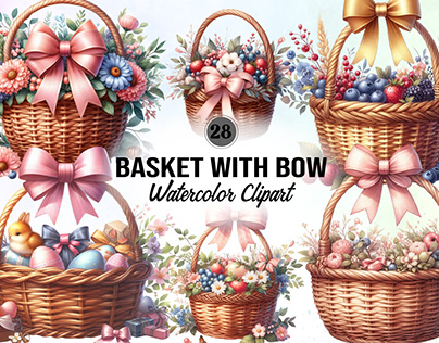 Basket with Bow Watercolor Clipart