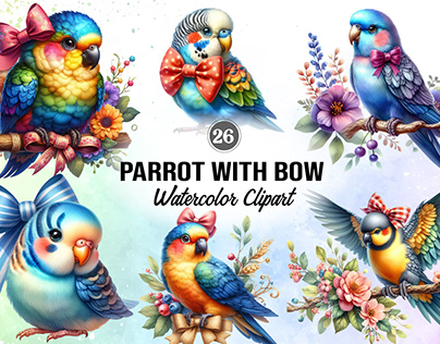 Parrot with Bow Watercolor Clipart