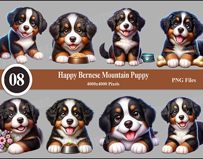 Happy Bernese Mountain Puppy Dog Smiling Set PNG Files