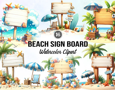 beach sign board Watercolor Clipart