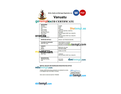 Vanuatu death certificate Word and PDF template