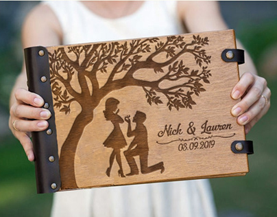 Wedding wooden photo album with laser engraving