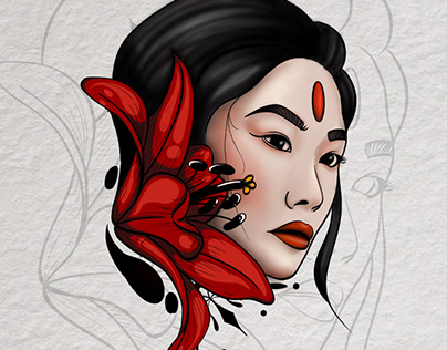 Newschool tattoo design Red Flower and Women