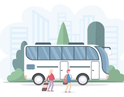 Tourists Man & Woman go to the Bus Vector Illustration