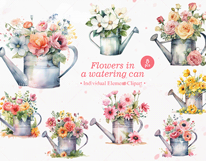 Watercolor Flowers in a watering can