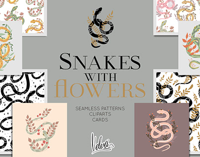 Snakes with flowers patterns and cliparts vector set