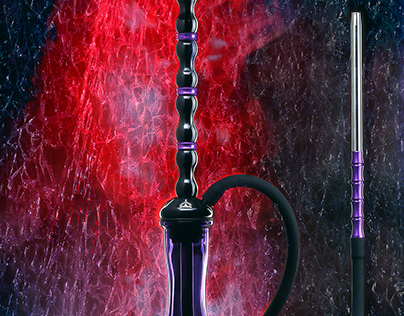 hookah with a purple flask in smoke on a red background