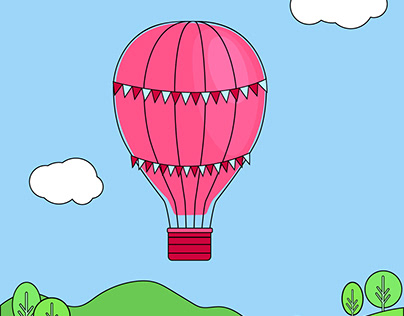 Pink aerostat with flags flies in the sky