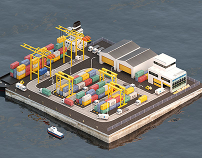 Realistic isometric cargo port scene