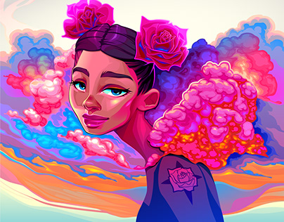 Girl with clouds and roses in the Hair