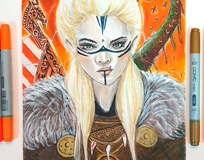 Retrato de mujer vikinga con rotuladores.