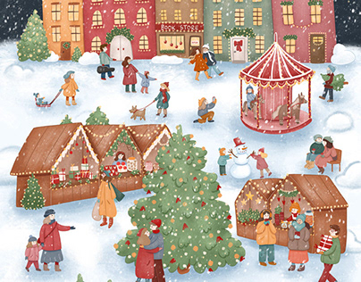 Christmas market. Wimmelbuch illustration