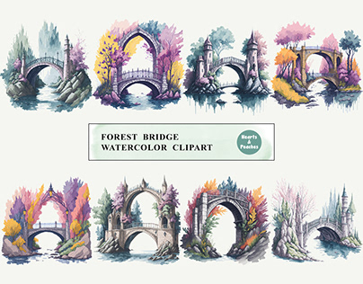 Forest Bridge Watercolor Clipart