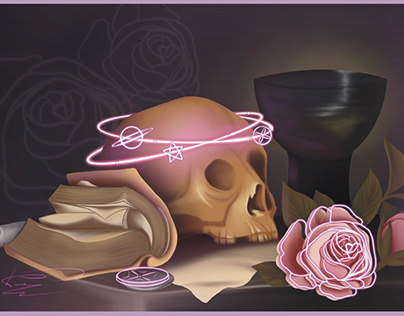 Modern "vanitas with skull, book and roses"