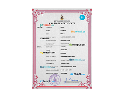 Vanuatu marriage certificate PSD template
