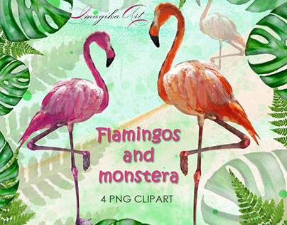 Illustrations of flamingos and monsters