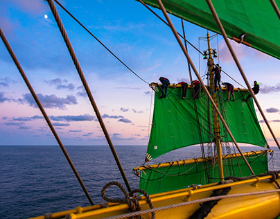 ship with green sail on sea