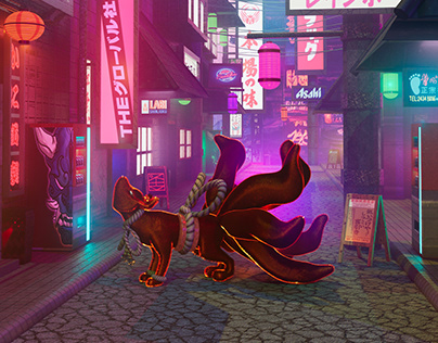 3D CREATURE AND ENVIRONMENT(9 TAILED FOX -NEON STREET)