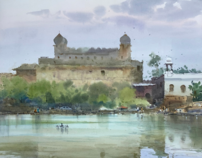 watercolor painting,
Motiya Lake, Old Bhopal,