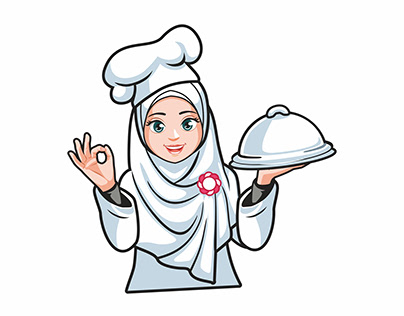 A skilled Muslim woman chef gracefully holds a tray