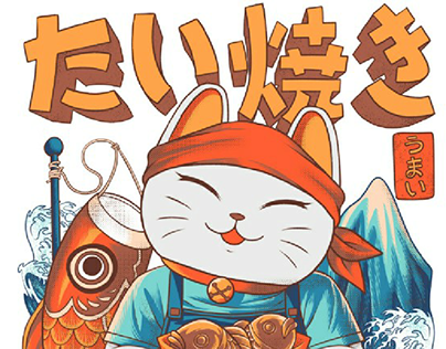 Japanese Lucky Cat Eating Taiyaki
