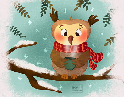 A cute owl drinking hot cocoa