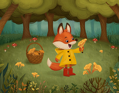 Fox in the forest, children book illustration