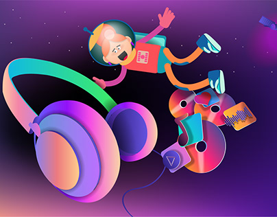 Cartoon astronaut girl and huge headphones