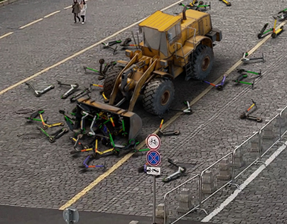 Bulldozer on Red Square destroys electric scooters