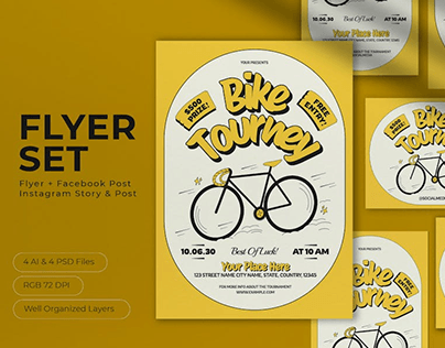 Yellow Retro Bike Tournament Flyer Set