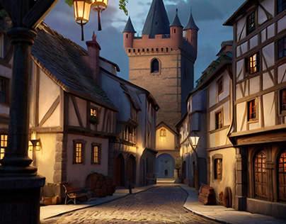 Digital paintings of European medieval cities.