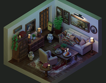 3D isometric room in the style of Orientalism