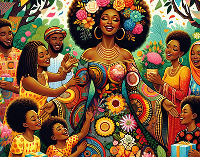 Mother's day illustration of black mother with children