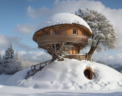 Frosty Miniature: Chalet and Tree Encased in Snow