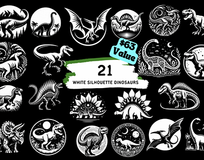 White Silhouette Dinosaurs Bundle - 20 PNG 4000x4000px