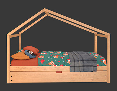 3d model: Solid pine bed with Spidou wood base
