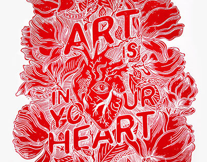 "Art is in your heart" linocut print