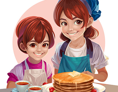 Girls cooks with pancakes and cups of tea