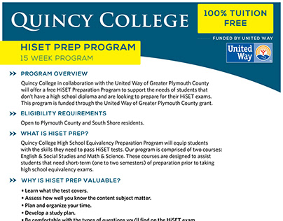 Quincy College HiSET Prep Program Flyer