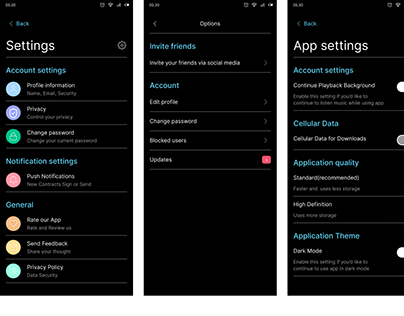Mobile settings screen