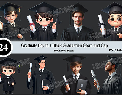 Graduate Boy Black Graduation Gown & Cap Set PNG Files