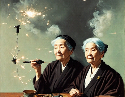Two respectable elderly Japanese women smoking bamboo