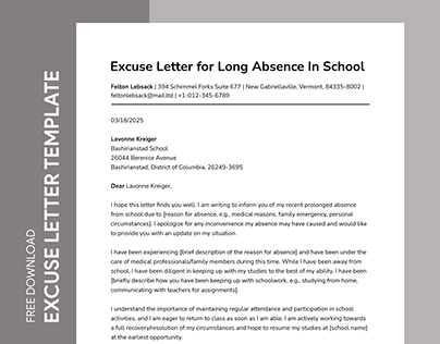 Free Excuse Letter for Long Absence in School Template
