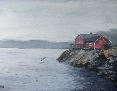 Watercolor painting Lofoten Islands, Norway