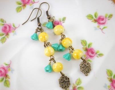 Yellow Bead Turquoise Blue Baby Bell Flowers Earrings